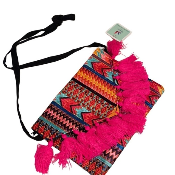 Ethnic Boho Crossbody Bag Handmade Embroidery Tassels Chic Vibrant Colorful NEW - Picture 6 of 16